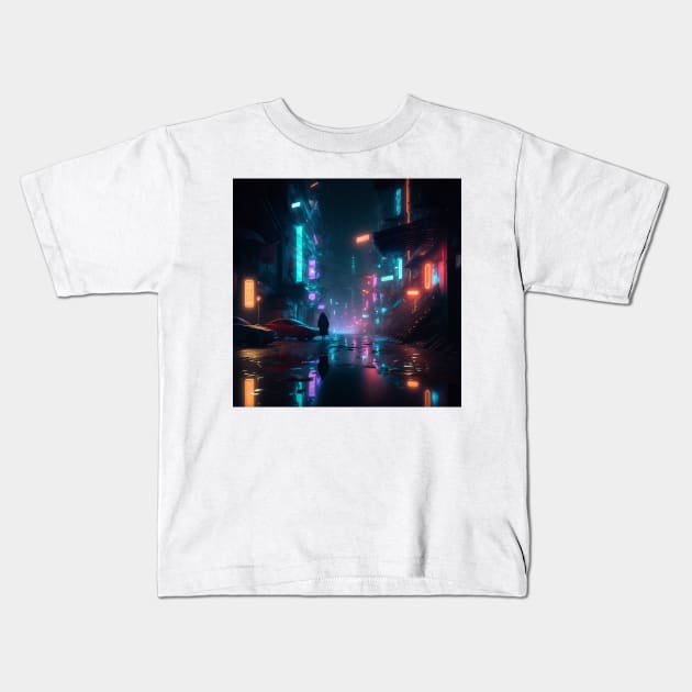 Cyberpunk City at Night Kids T-Shirt by AICreateWorlds